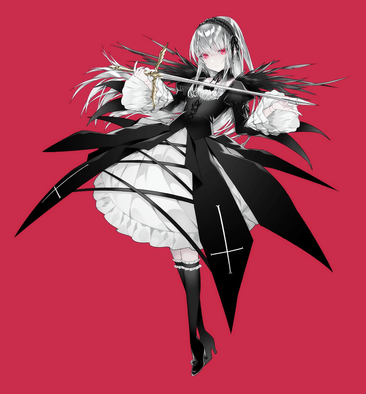 1055 Rozen Maiden Suigintou Dress Gothic Lolita Heels Lolita Fashion Sword Wing