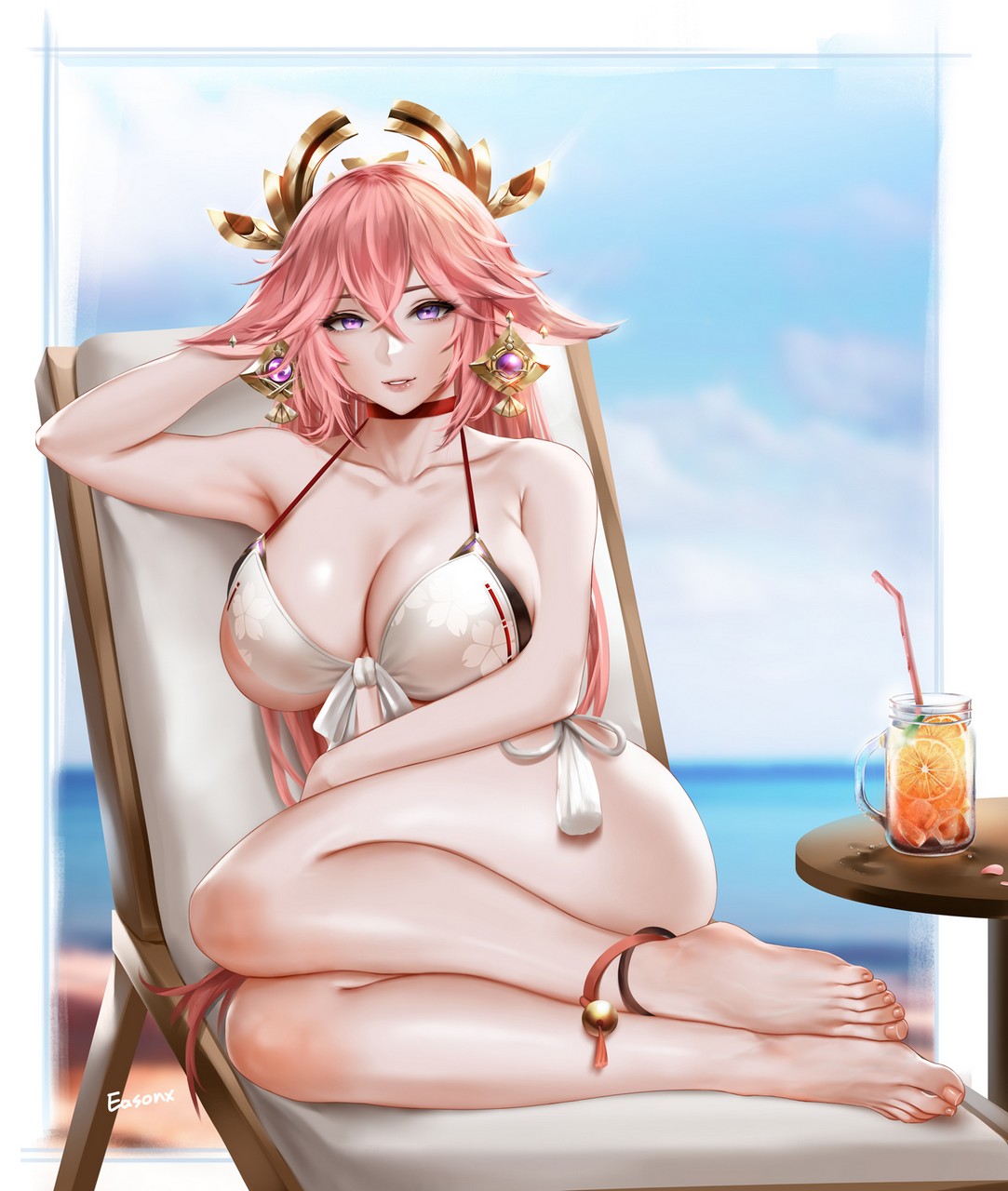 Easonx Genshin Impact Yae Miko Animal Ears Bikini Feet Kitsune Swimsuit