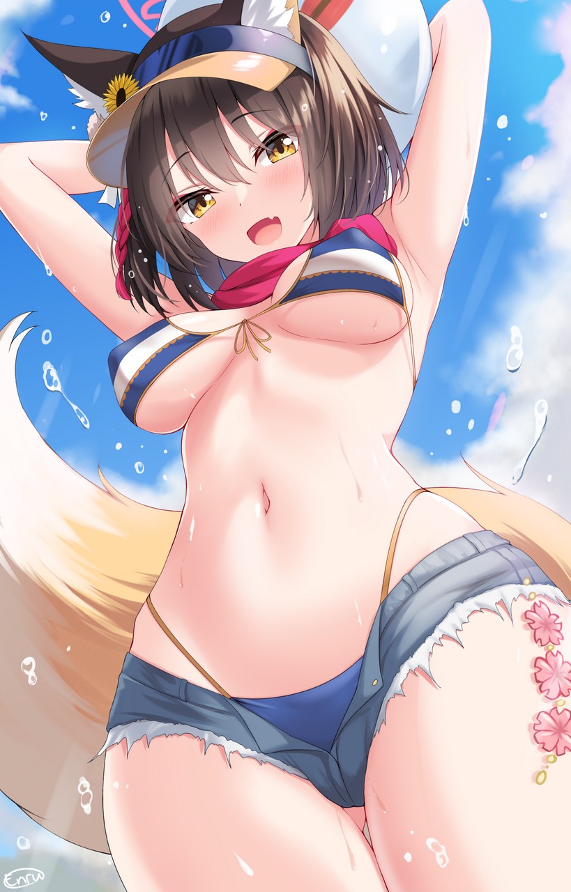 Enru Blue Archive Kuda Izuna Angel Animal Ears Bikini Erect Nipples Kitsune Swimsuits Tail We