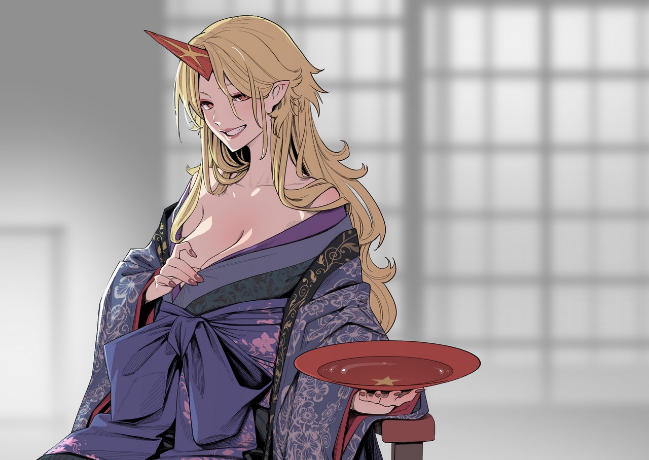 Kawayabug Touhou Hoshiguma Yuugi Horns Japanese Clothes No Bra Open Shirt Pointy Ears Undressin