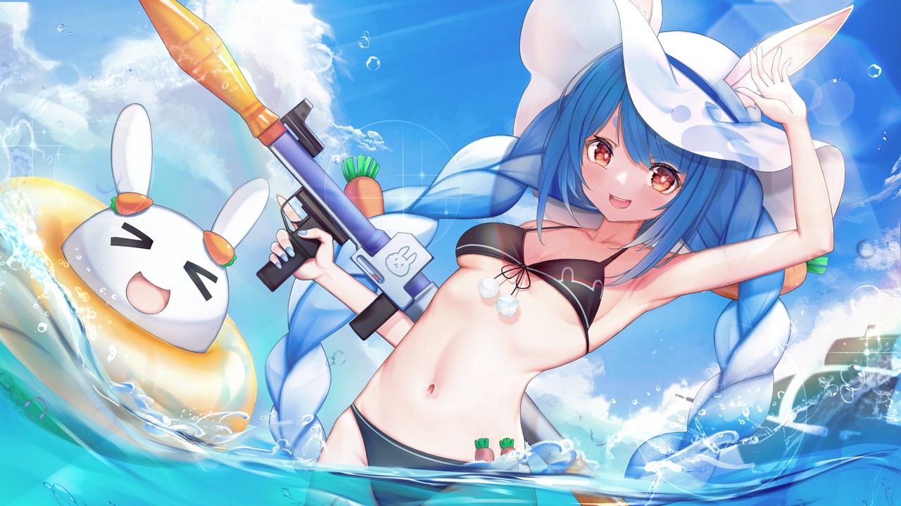 Monkey1468 Hololive Usada Pekora Animal Ears Bikini Bunny Ears Gun Swimsuits Wallpaper We