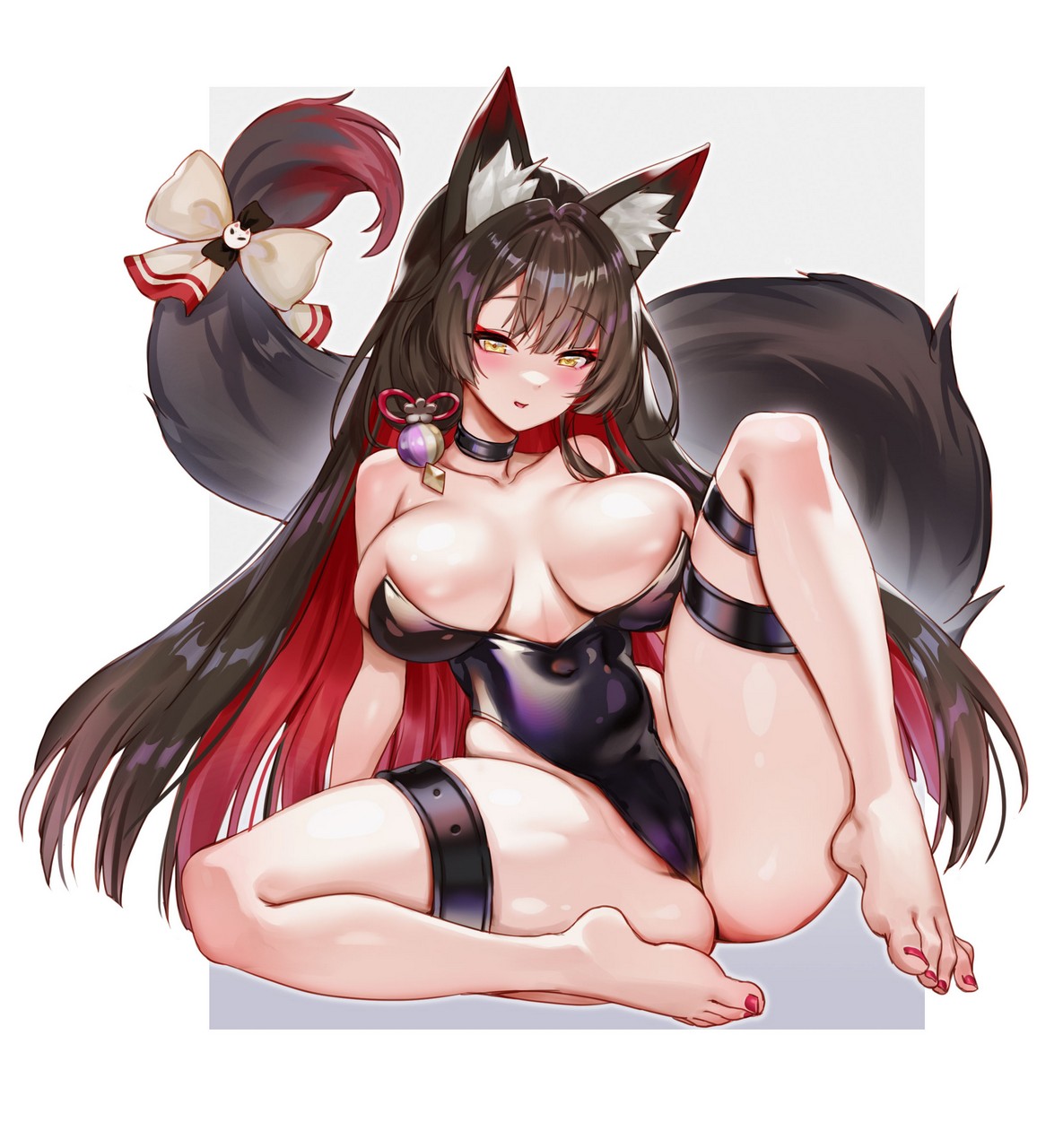 Picter Blue Archive Kosaka Wakamo Animal Ears Cameltoe Feet Garter Kitsune Leotard No Bra Tai