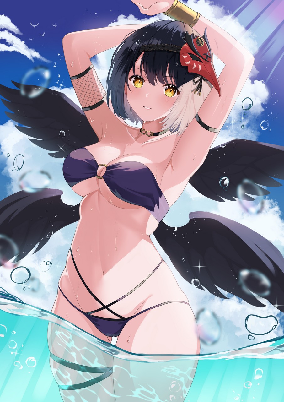 Rererere Mon Genshin Impact Kujou Sara Bikini Cameltoe Garter Swimsuits Wet Wing