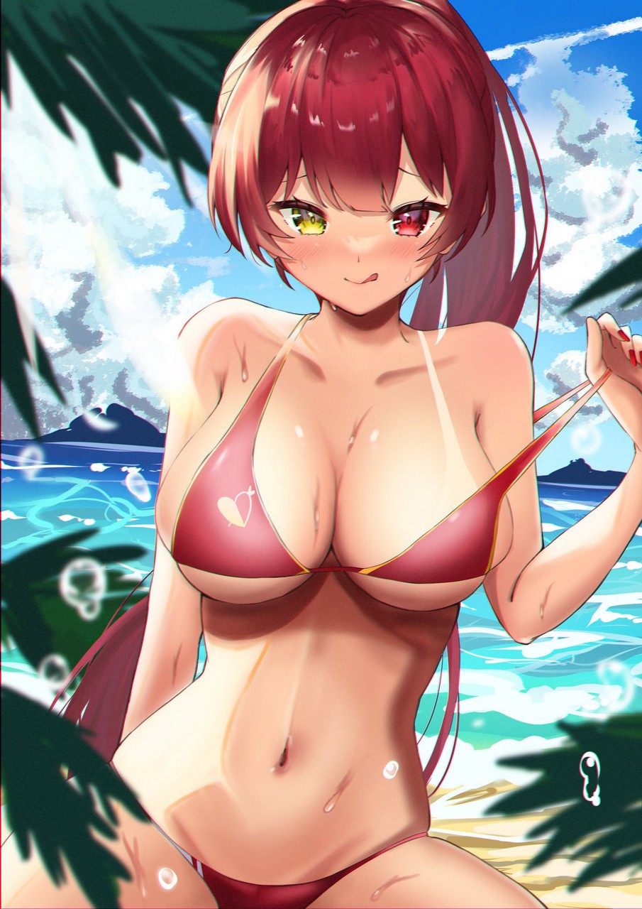 Zorome Apu Hololive Houshou Marine Bikini Heterochromia Swimsuits Tan Lines Undressing We