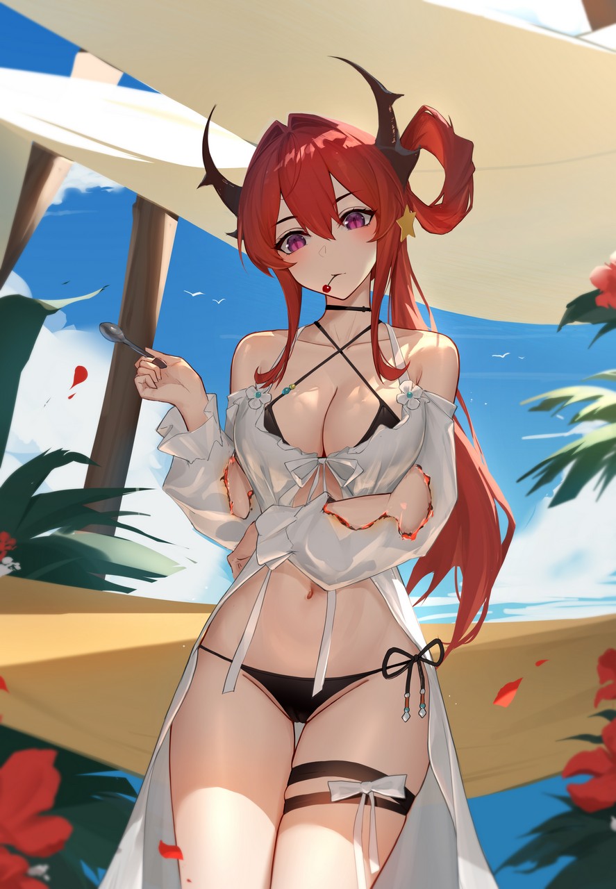 Anming Arknights Surtr Arknights Bikini Cameltoe Cleavage Garter Horns Swimsuits Torn Clothe