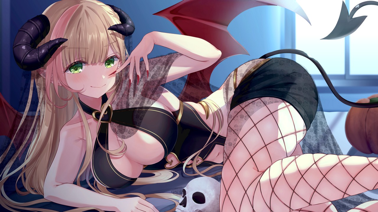 Lllconfidential Devil Fishnets Horns No Bra Pantyhose Pointy Ears See Through Tail Wallpaper Wing