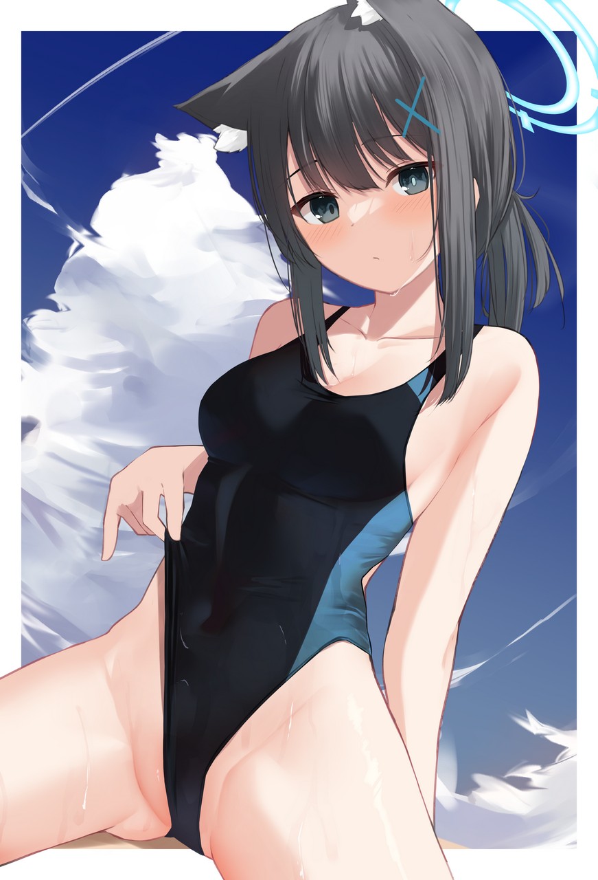 Memekko Blue Archive Sunaookami Shiroko Angel Animal Ears Cameltoe Nekomimi Swimsuits We