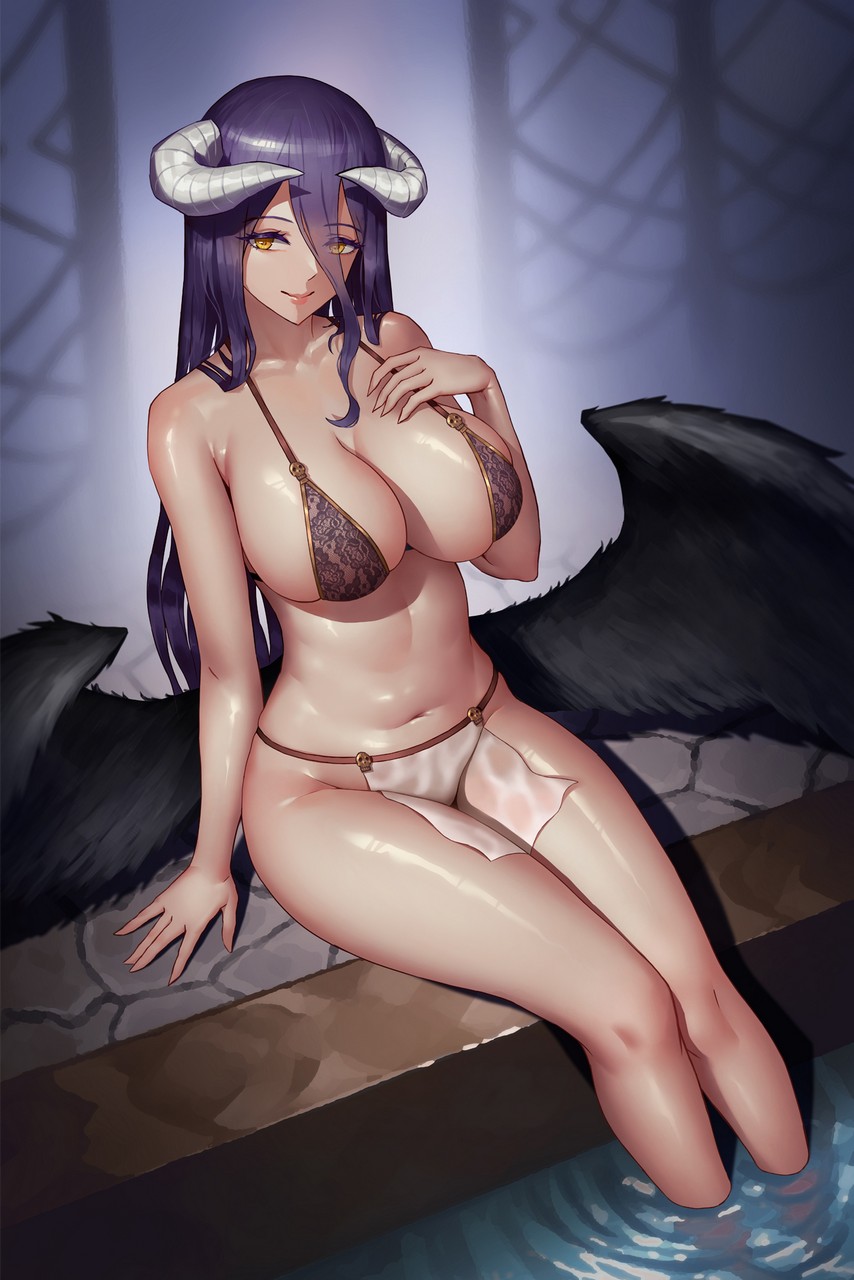 Secon Overlord Albedo Overlord Bikini Horns See Through Swimsuits Wet Wing