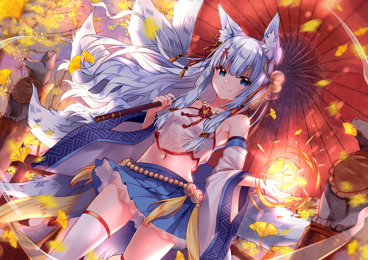 Usagihime Animal Ears Japanese Clothes Kitsune No Bra See Through Tail Thighhighs Umbrell